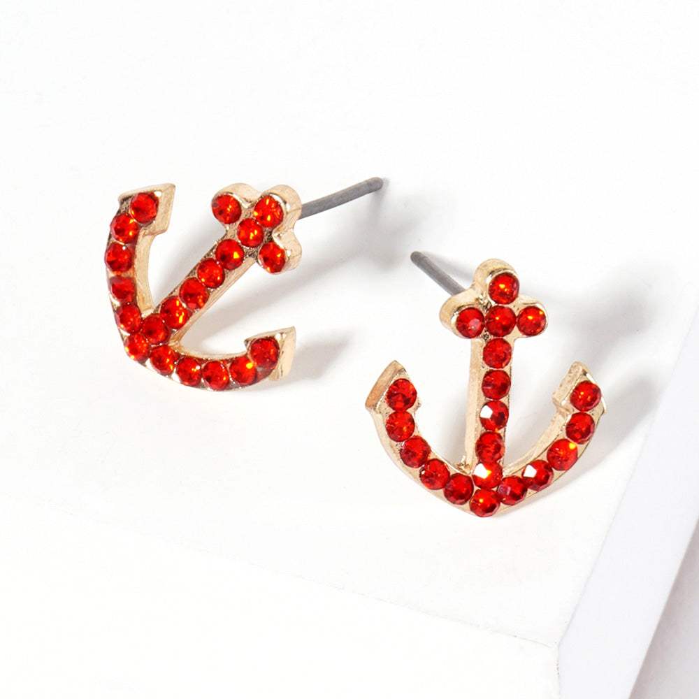 Crystal Rhinestone Paved Anchor Stud Earrings - Madeline Love - Flyclothing LLC