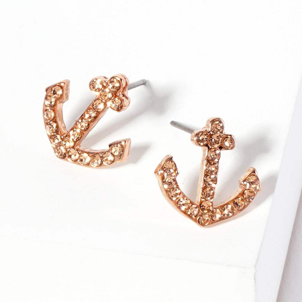 Crystal Rhinestone Paved Anchor Stud Earrings - Madeline Love - Flyclothing LLC