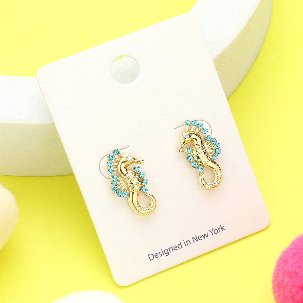 Stone Embellished Enamel Seahorse Stud Earrings - Madeline Love - Flyclothing LLC
