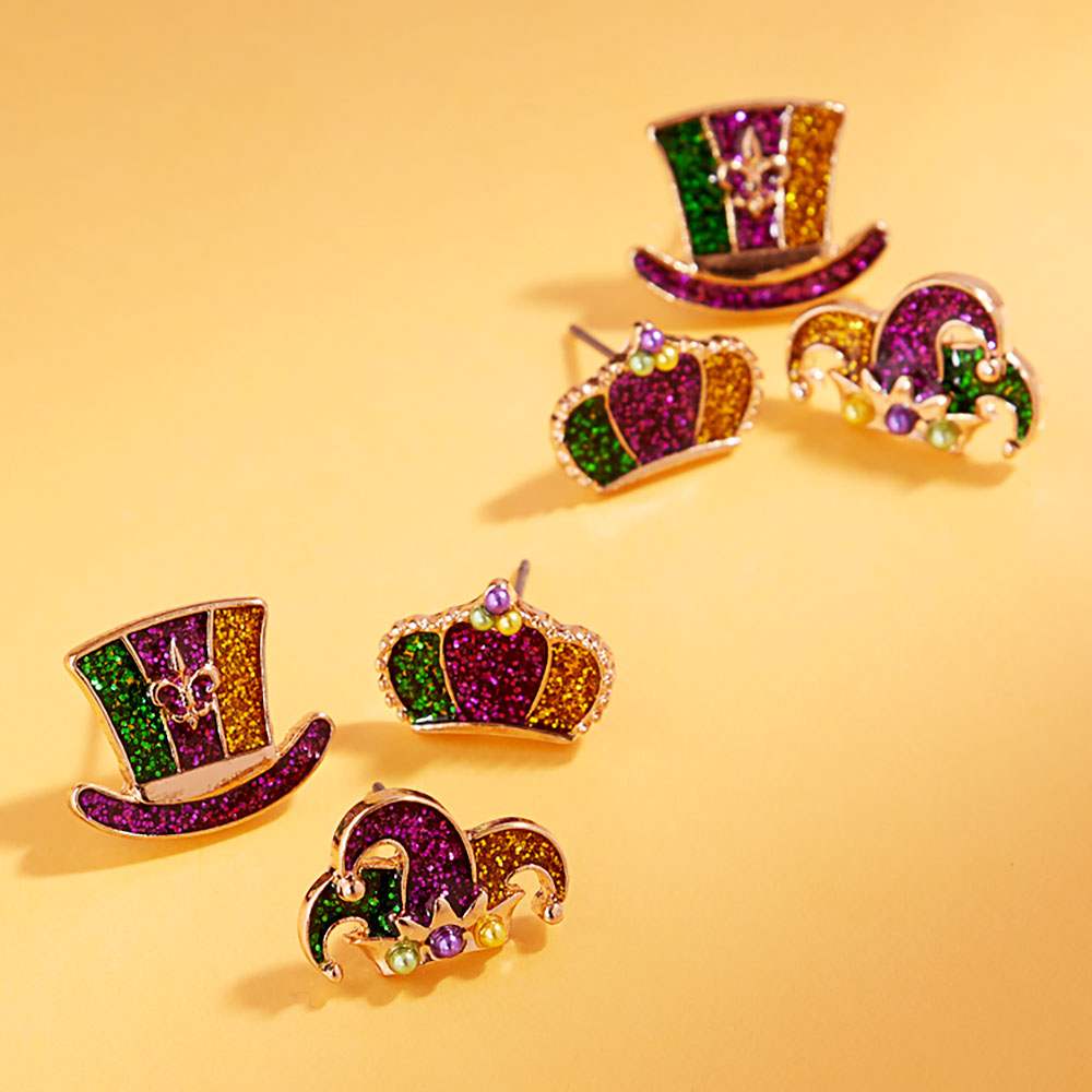 3Pairs - Glitter Enamel Mardi Gras Jester Crown Hat Stud Earring Set - Madeline Love - Flyclothing LLC