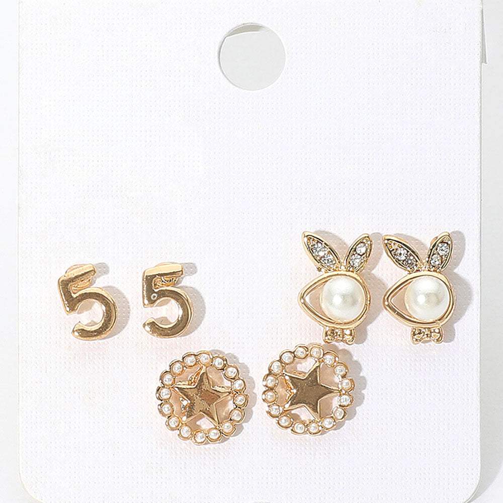 3Pairs - Pearl Playboy bunny star stud earrings - Madeline Love - Flyclothing LLC