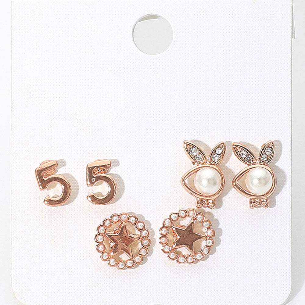 3Pairs - Pearl Playboy bunny star stud earrings - Madeline Love - Flyclothing LLC