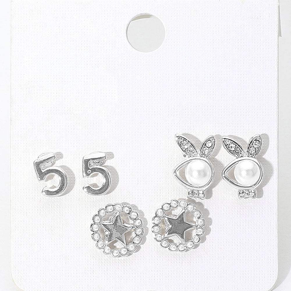 3Pairs - Pearl Playboy bunny star stud earrings - Madeline Love - Flyclothing LLC