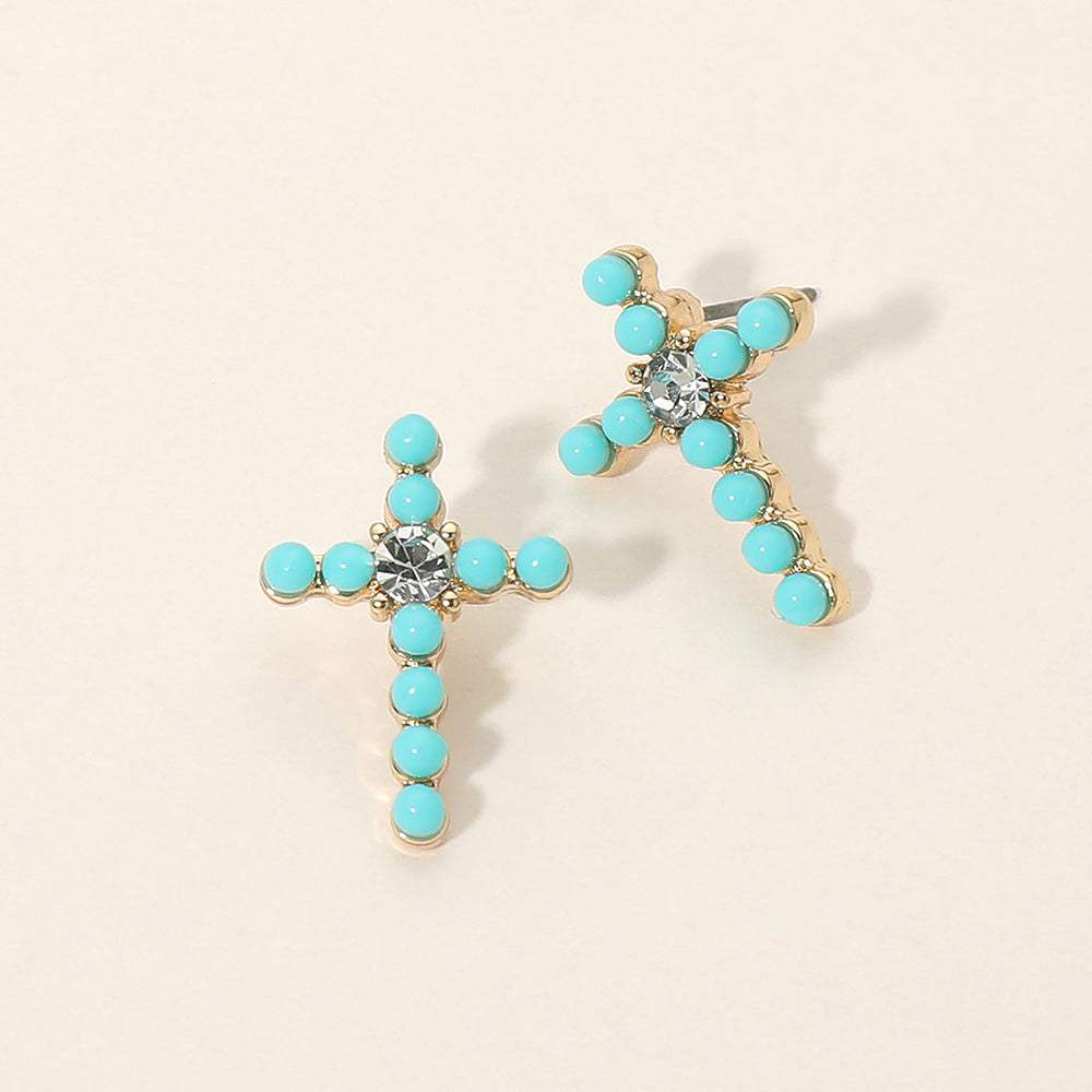 Rhinestone Center Beaded Cross Stud Earrings - Madeline Love - Flyclothing LLC