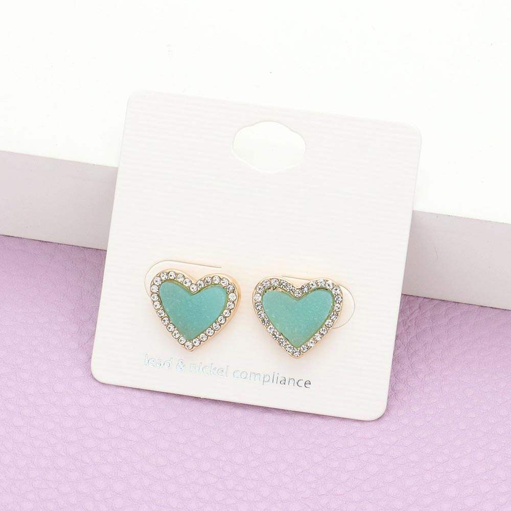 Rhinestone Trimmed Druzy Heart Stud Earrings - Madeline Love - Flyclothing LLC