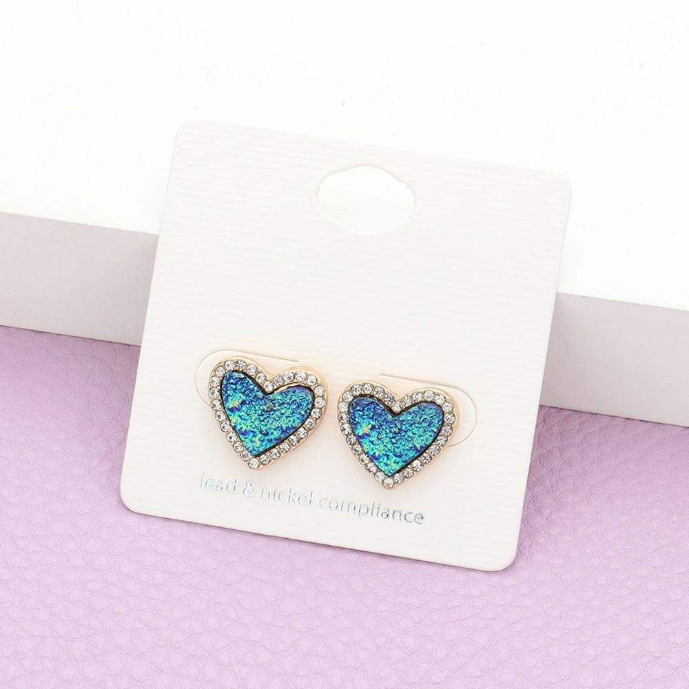 Rhinestone Trimmed Druzy Heart Stud Earrings - Madeline Love - Flyclothing LLC
