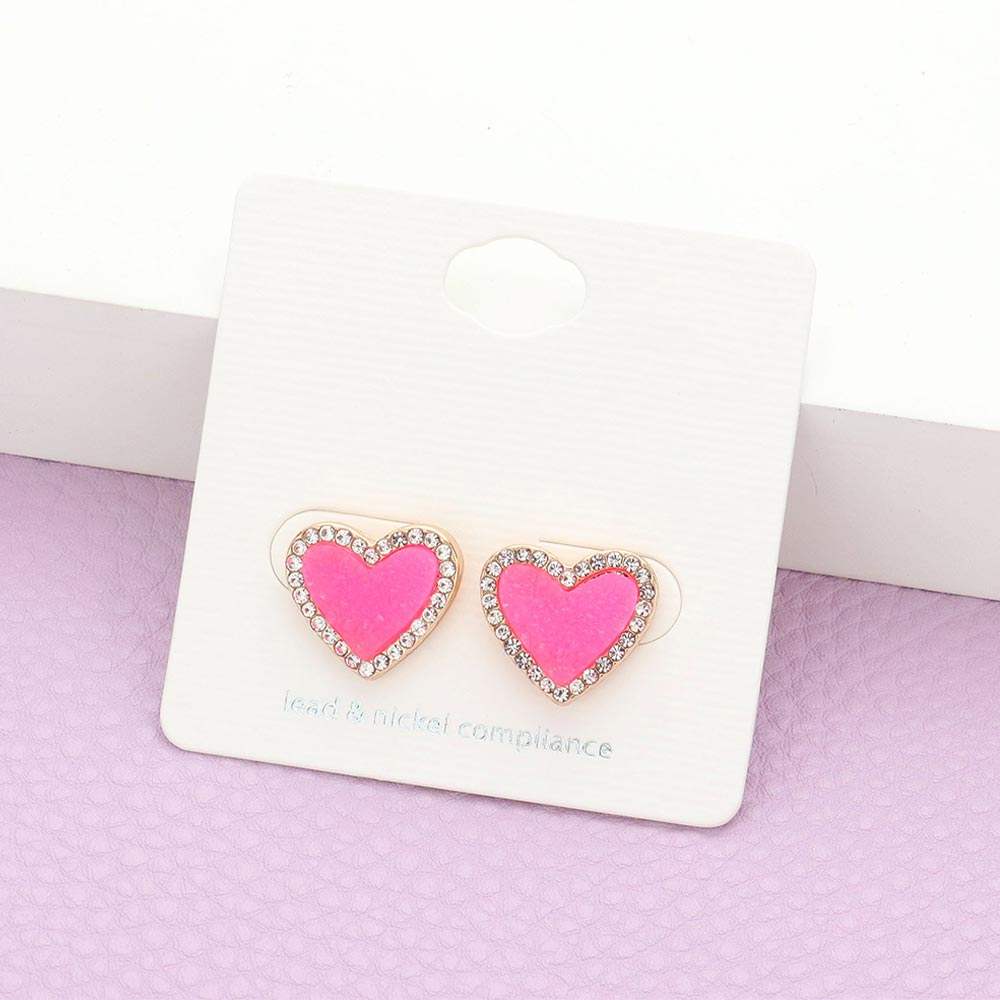 Rhinestone Trimmed Druzy Heart Stud Earrings - Madeline Love - Flyclothing LLC