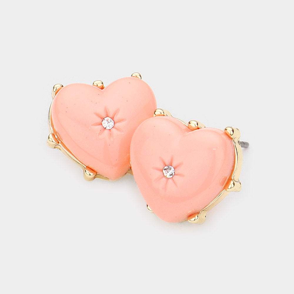 Rhinestone Centered Resin Heart Stud Earrings - Madeline Love - Flyclothing LLC