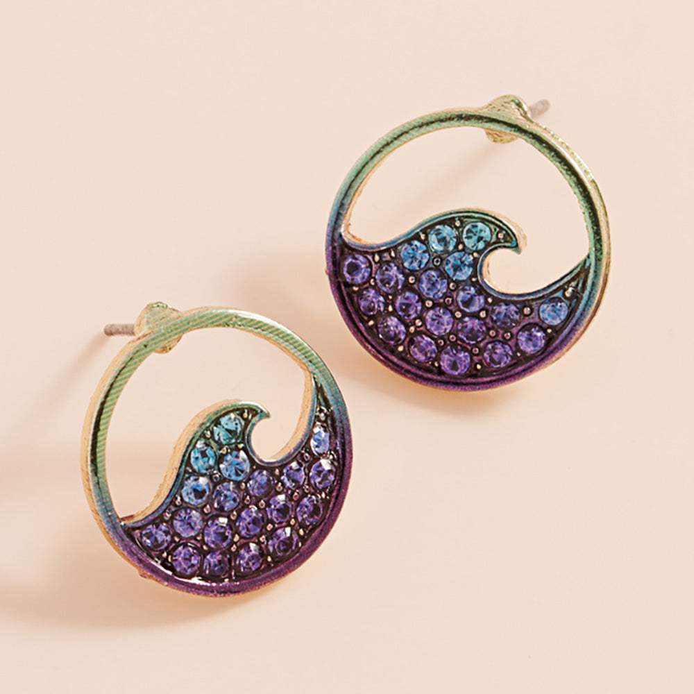Stone Paved Colored Metal Wave Stud Earrings - Madeline Love - Flyclothing LLC