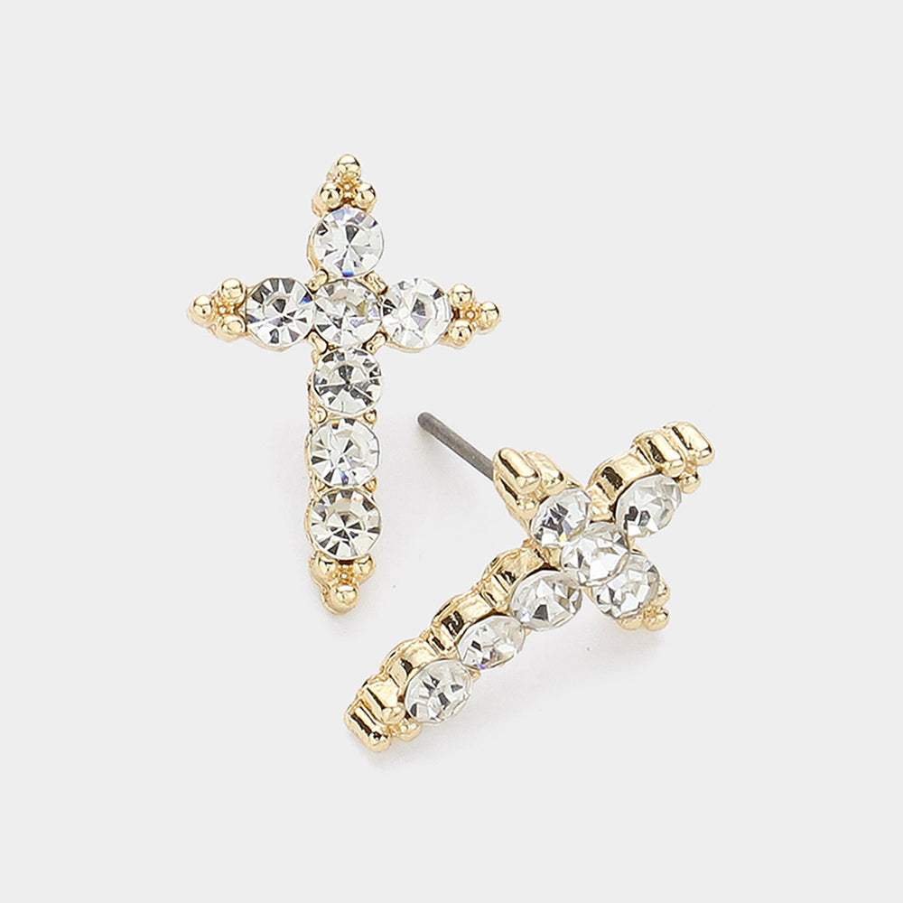 Stone Paved Cross Stud Earrings - Madeline Love - Flyclothing LLC