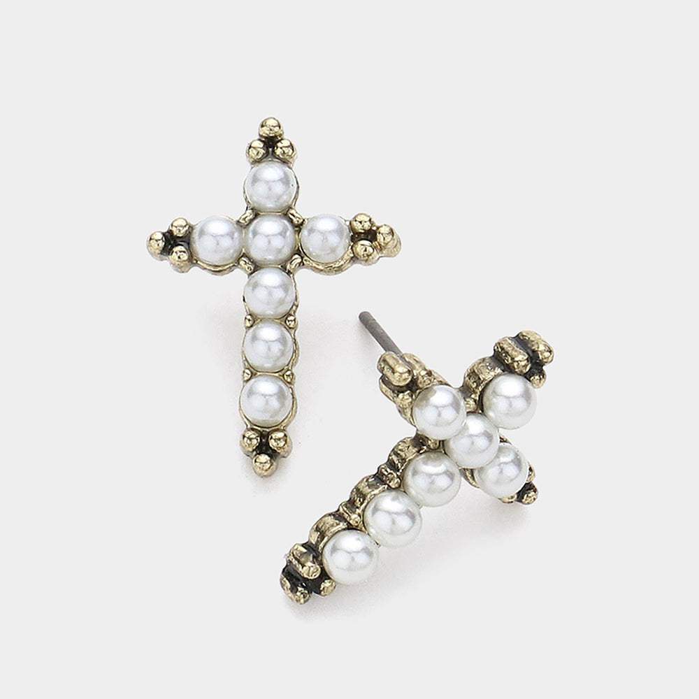 Pearl Cross Stud Earrings - Madeline Love - Flyclothing LLC