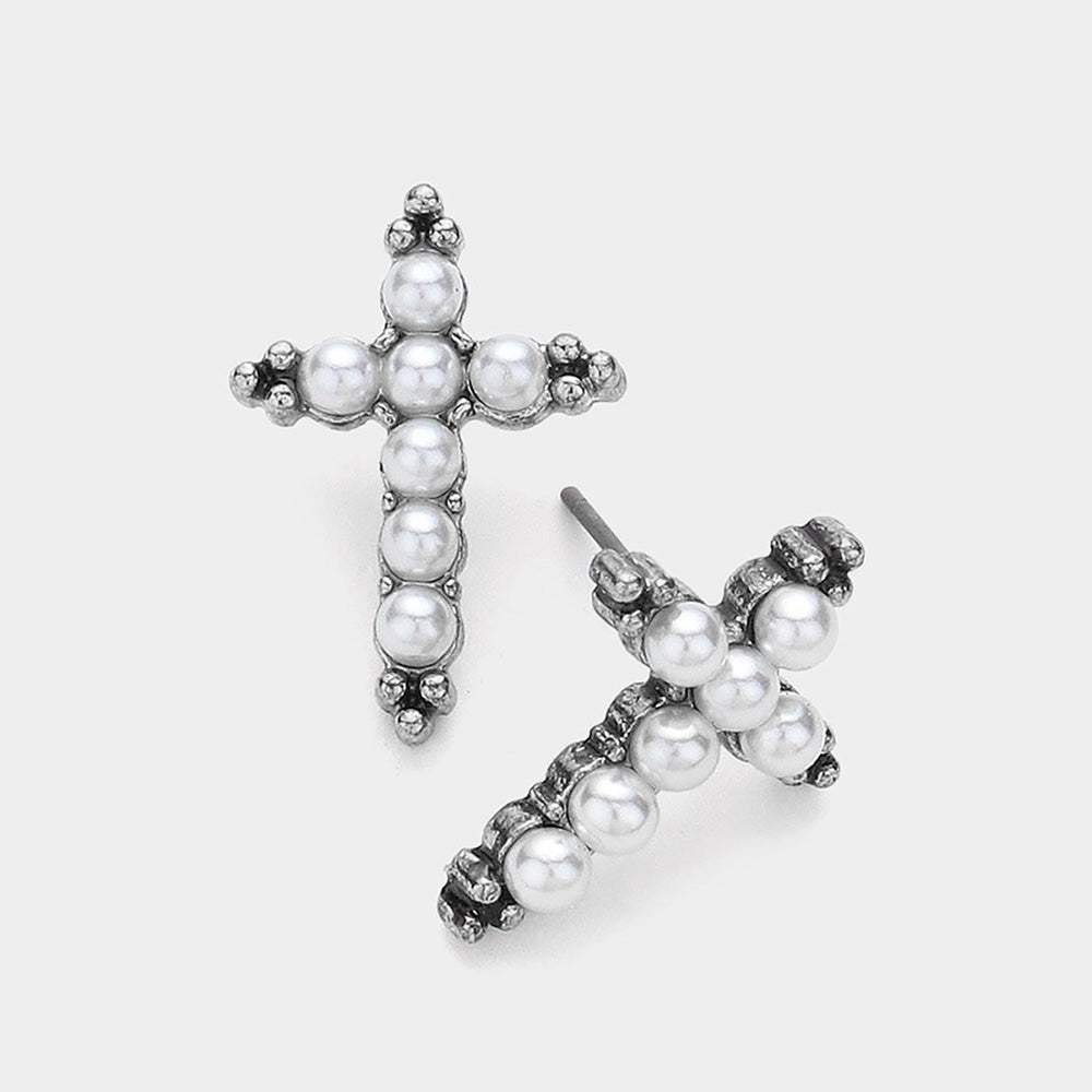 Pearl Cross Stud Earrings - Madeline Love - Flyclothing LLC