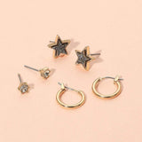 3Pairs - Brass Metal Round Stone Druzy Star Hoop Earring Set - Madeline Love - Flyclothing LLC
