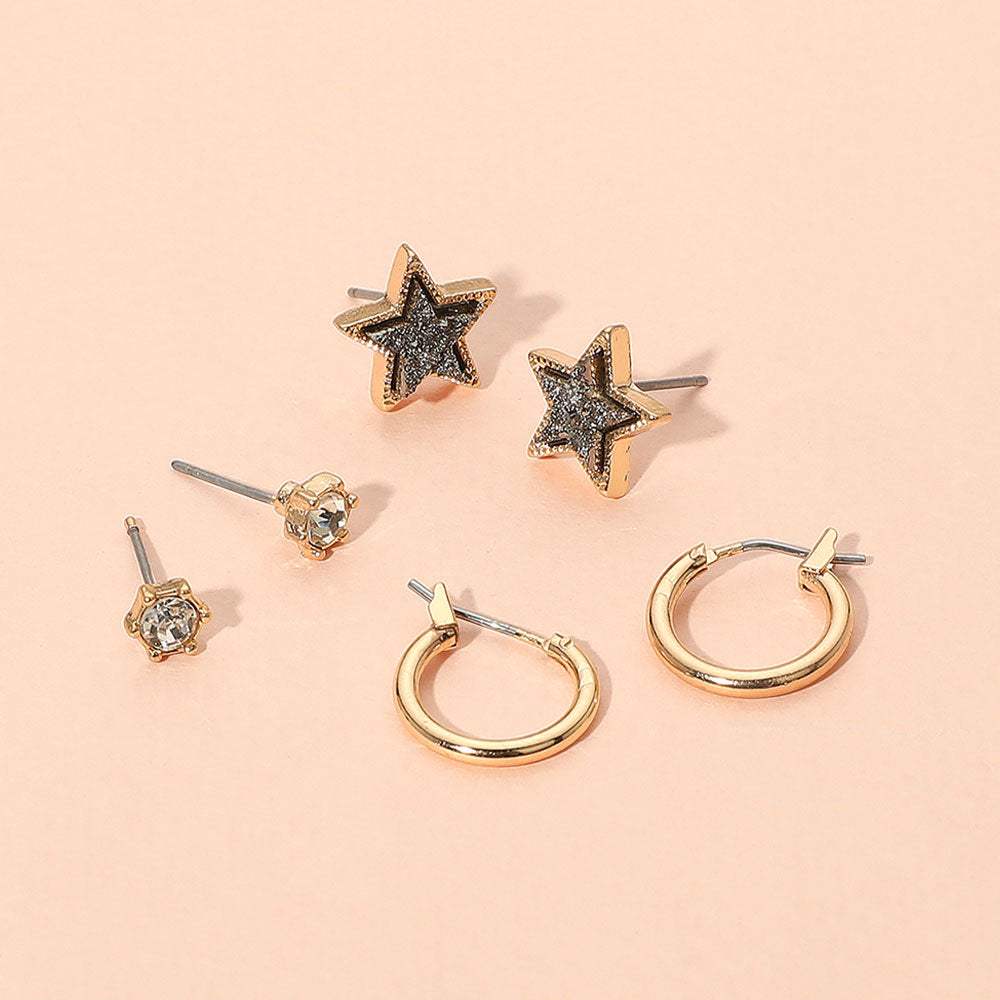 3Pairs - Brass Metal Round Stone Druzy Star Hoop Earring Set - Madeline Love - Flyclothing LLC