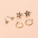 3Pairs - Brass Metal Round Stone Druzy Star Hoop Earring Set - Madeline Love - Flyclothing LLC