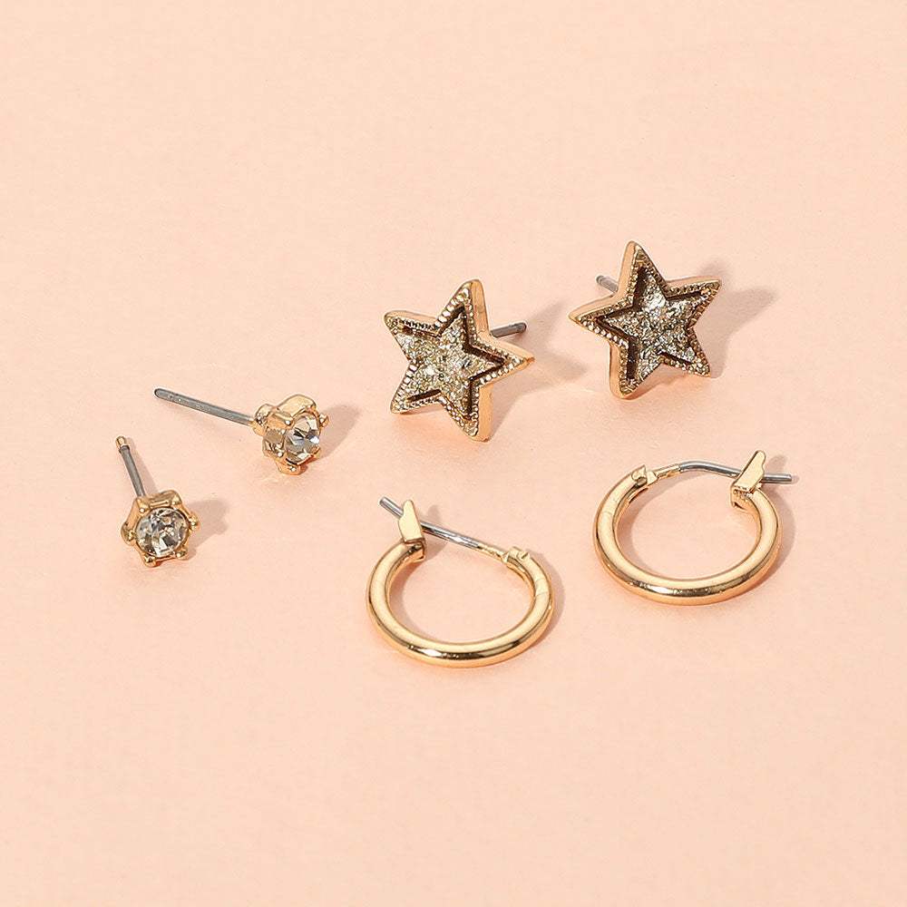 3Pairs - Brass Metal Round Stone Druzy Star Hoop Earring Set - Madeline Love - Flyclothing LLC
