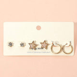 3Pairs - Brass Metal Round Stone Druzy Star Hoop Earring Set - Madeline Love - Flyclothing LLC