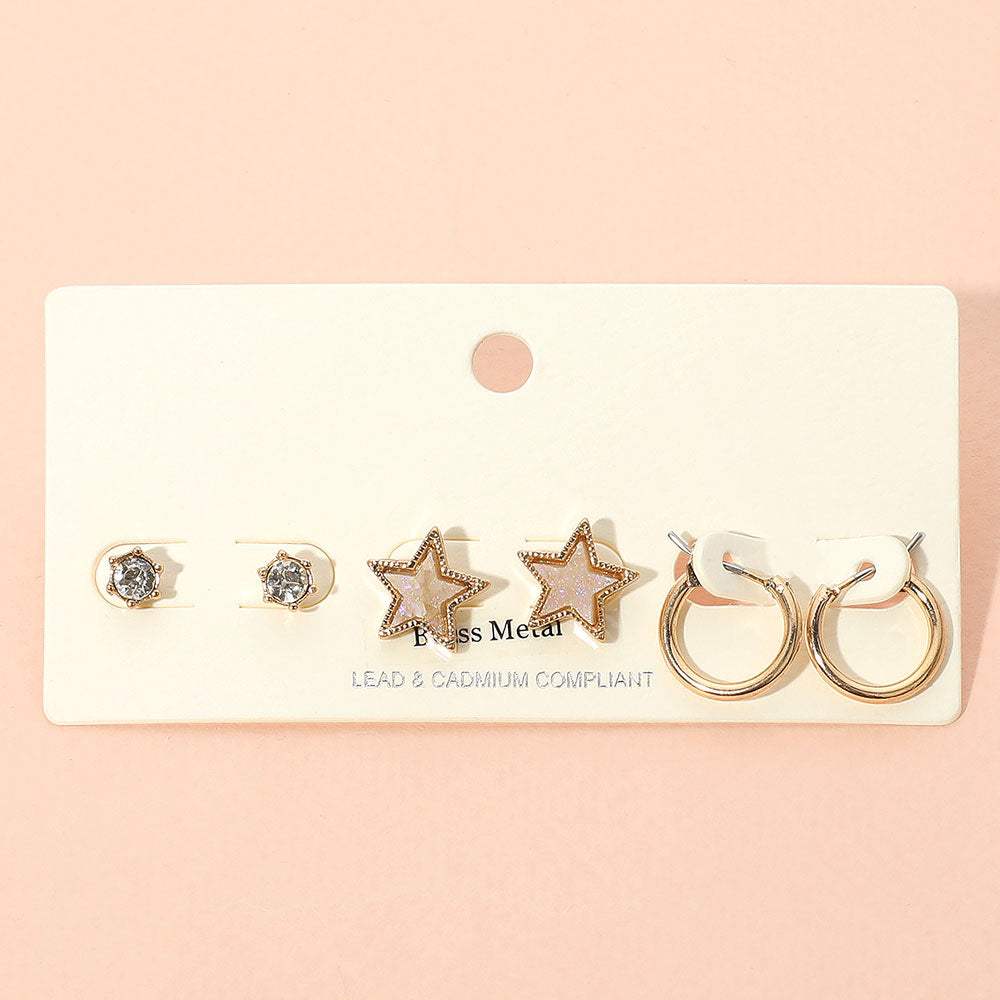 3Pairs - Brass Metal Round Stone Druzy Star Hoop Earring Set - Madeline Love - Flyclothing LLC