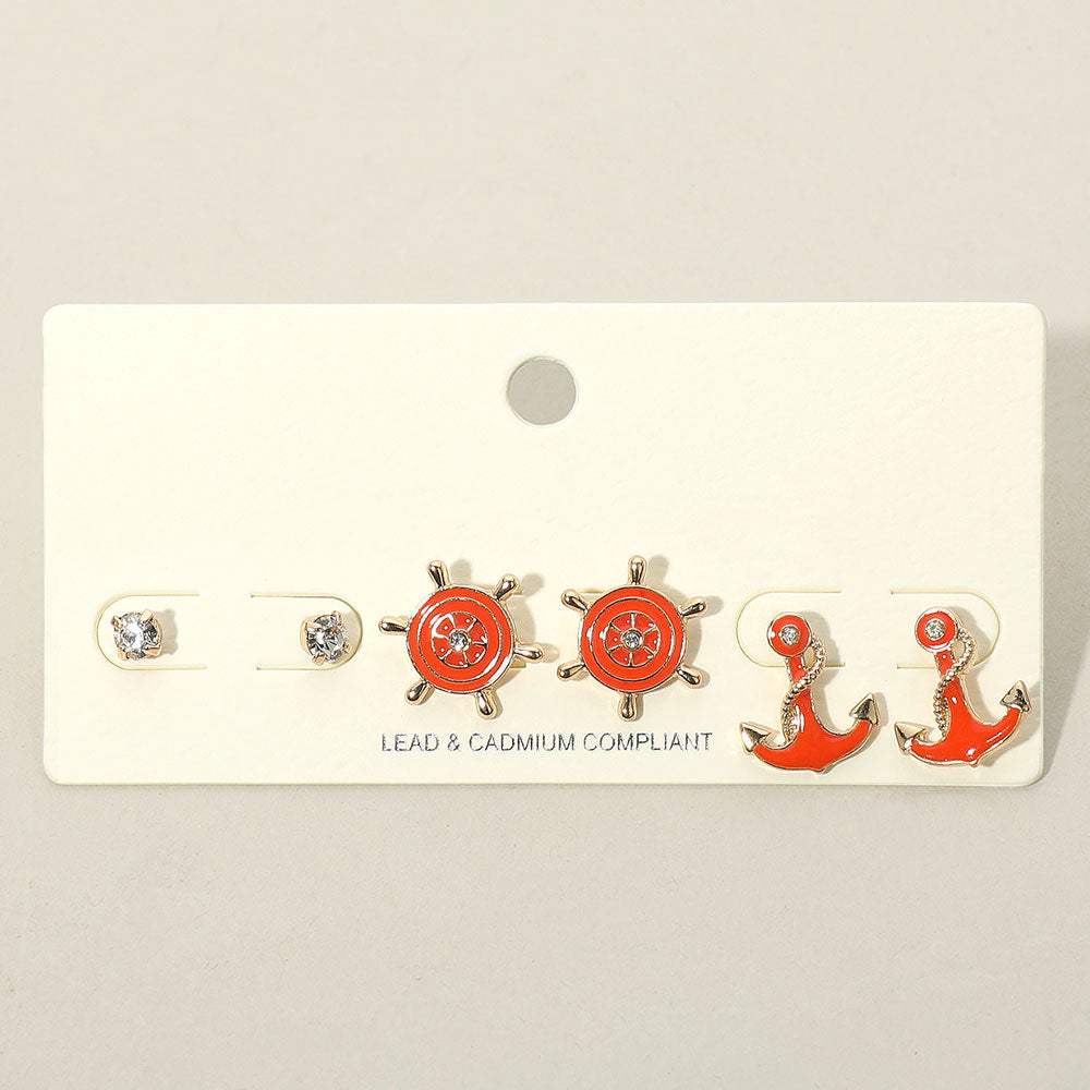 3PCS - Stone Embellished Enamel Ship Wheel Anchor Stud Earring Set - Madeline Love - Flyclothing LLC