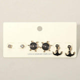 3PCS - Stone Embellished Enamel Ship Wheel Anchor Stud Earring Set - Madeline Love - Flyclothing LLC