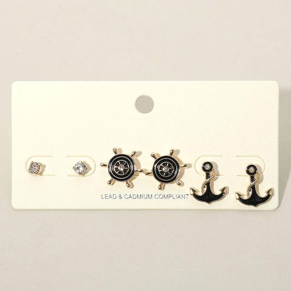 3PCS - Stone Embellished Enamel Ship Wheel Anchor Stud Earring Set - Madeline Love - Flyclothing LLC