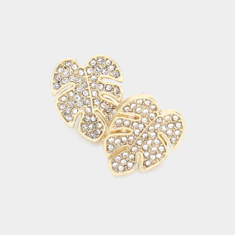 Rhinestone Embellished Tropical Leaf Stud Earrings - Madeline Love - Flyclothing LLC