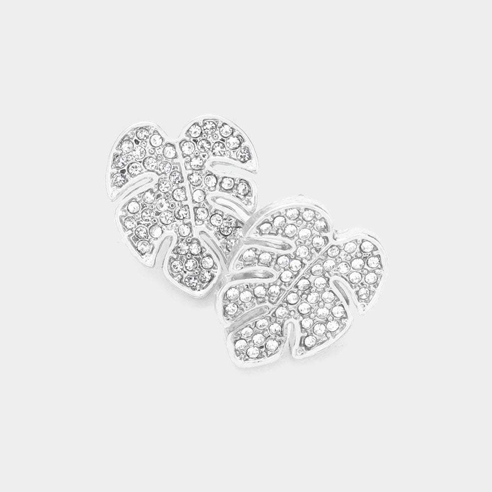 Rhinestone Embellished Tropical Leaf Stud Earrings - Madeline Love - Flyclothing LLC