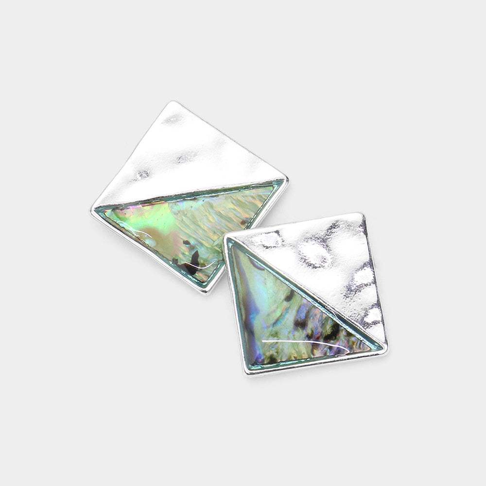 Abalone Accented Hammered Metal Square Stud Earrings - Madeline Love - Flyclothing LLC