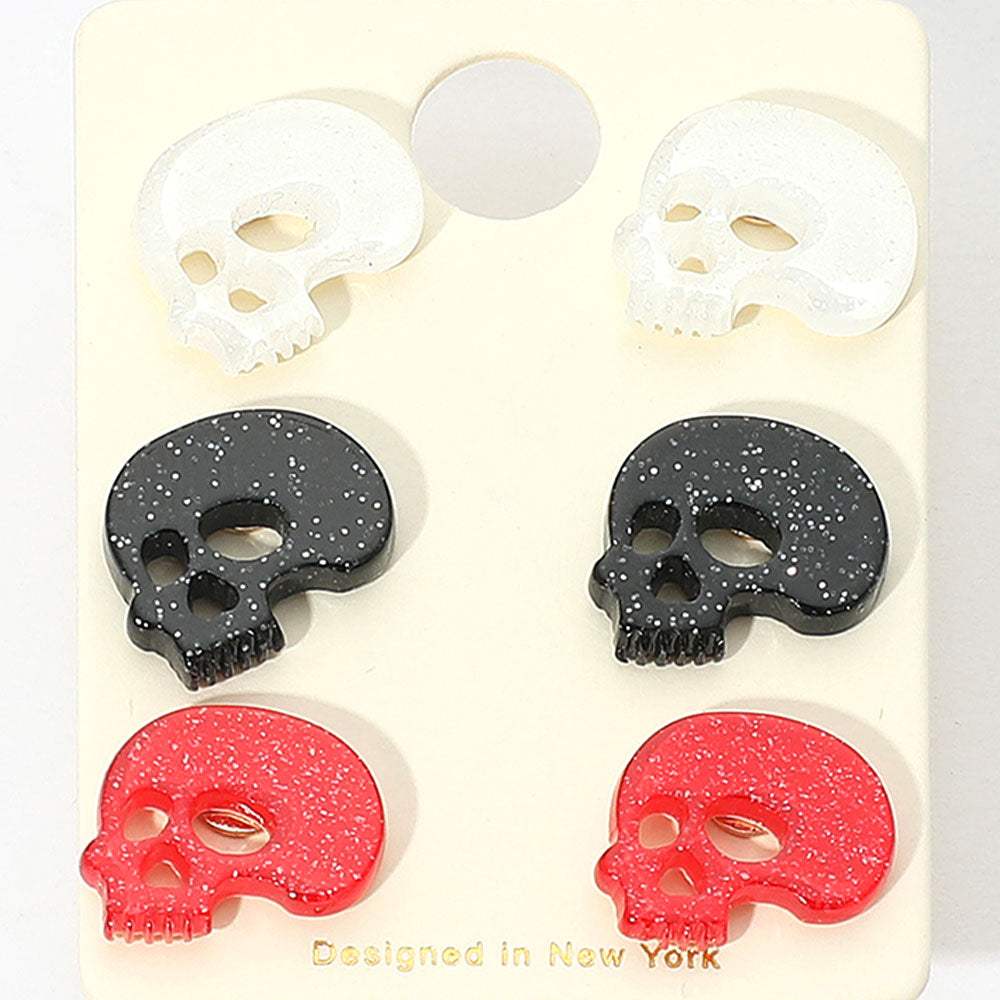 3Pairs - Glittered Resin Skull Stud Earring Set - Madeline Love - Flyclothing LLC