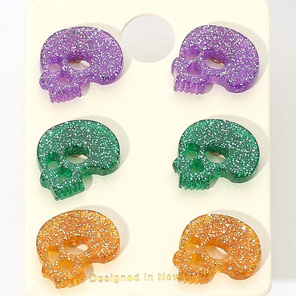 3Pairs - Glittered Resin Skull Stud Earring Set - Madeline Love - Flyclothing LLC