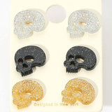 3Pairs - Glittered Resin Skull Stud Earring Set - Madeline Love - Flyclothing LLC