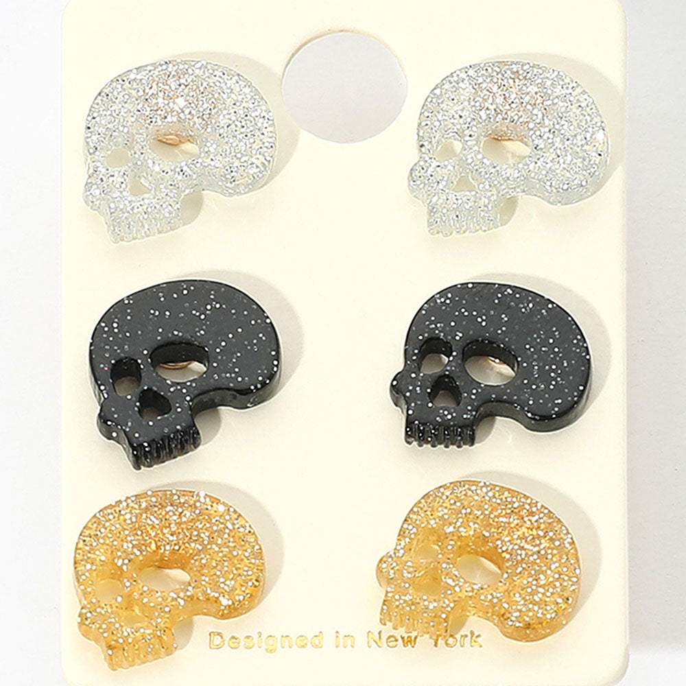 3Pairs - Glittered Resin Skull Stud Earring Set - Madeline Love - Flyclothing LLC
