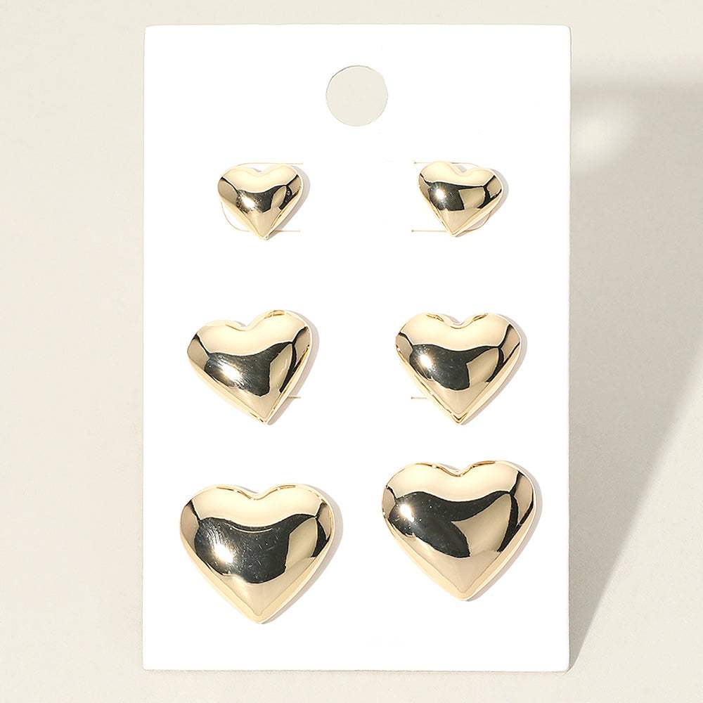 3Pairs - Metal Heart Stud Earring Set - Madeline Love - Flyclothing LLC