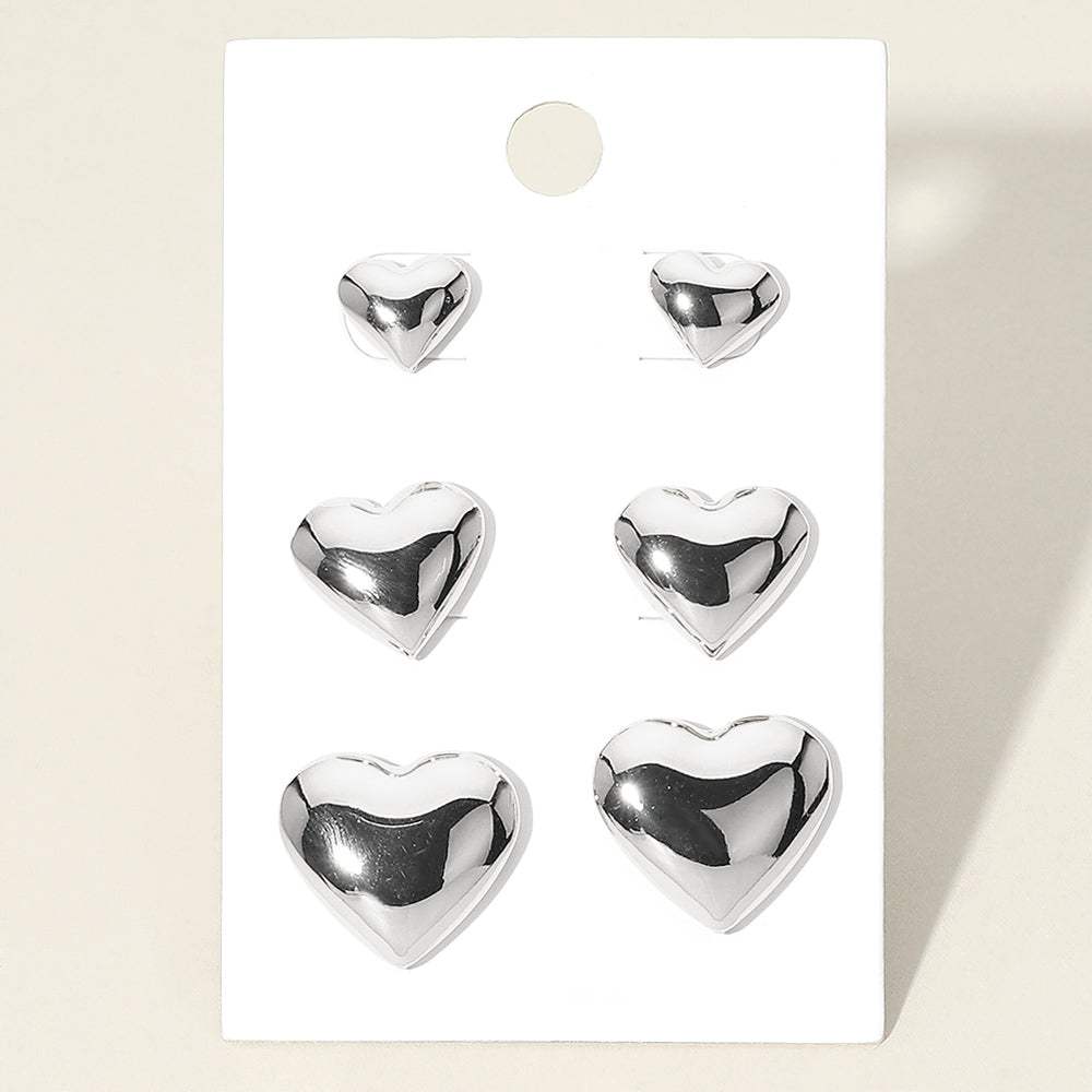 3Pairs - Metal Heart Stud Earring Set - Madeline Love - Flyclothing LLC