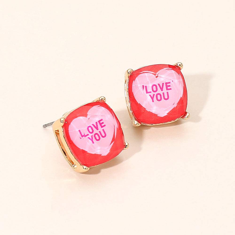 LOVE YOU Message Heart Square Cushion Stud Earrings - Madeline Love - Flyclothing LLC