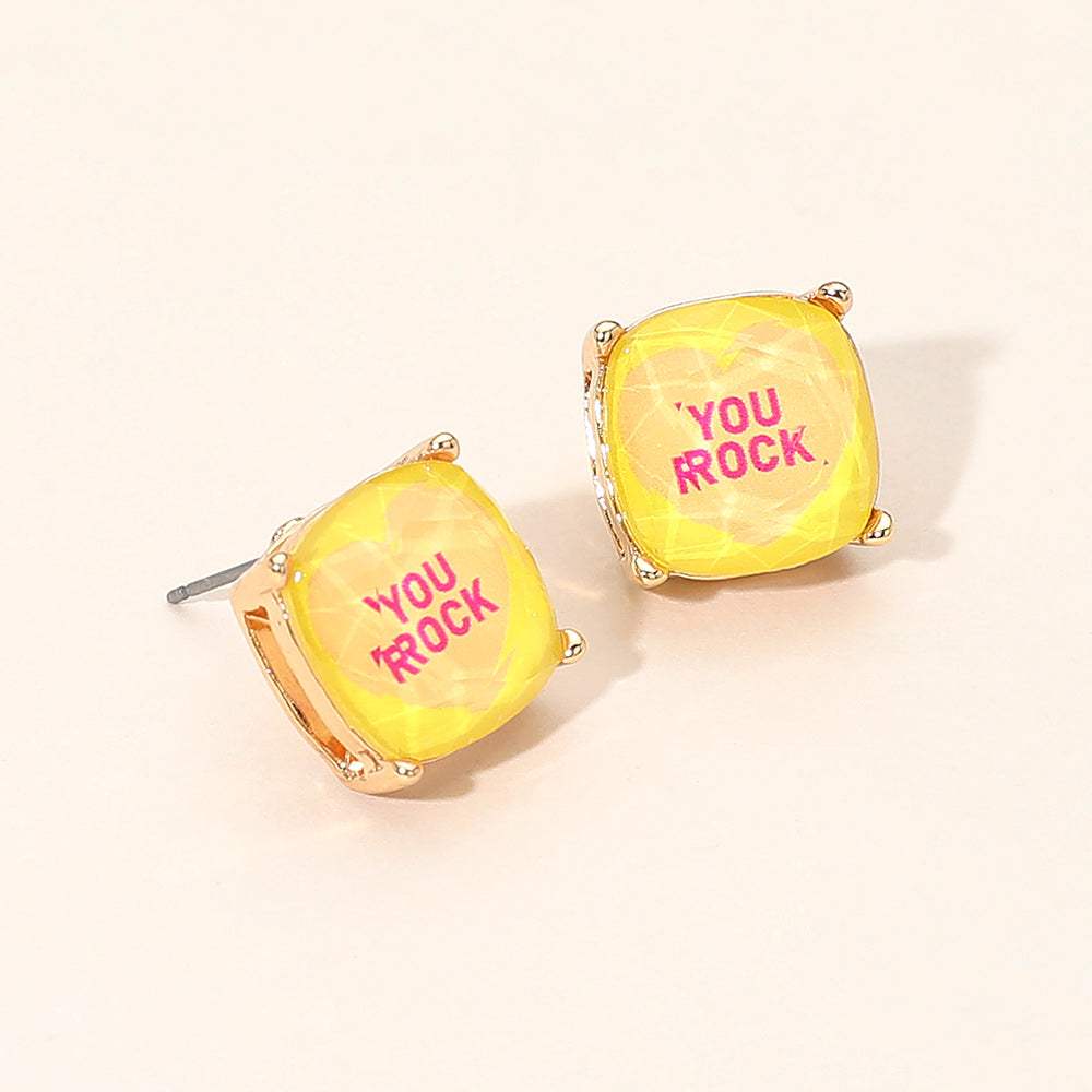 YOU ROCK Message Heart Square Cushion Stud Earrings - Madeline Love - Flyclothing LLC