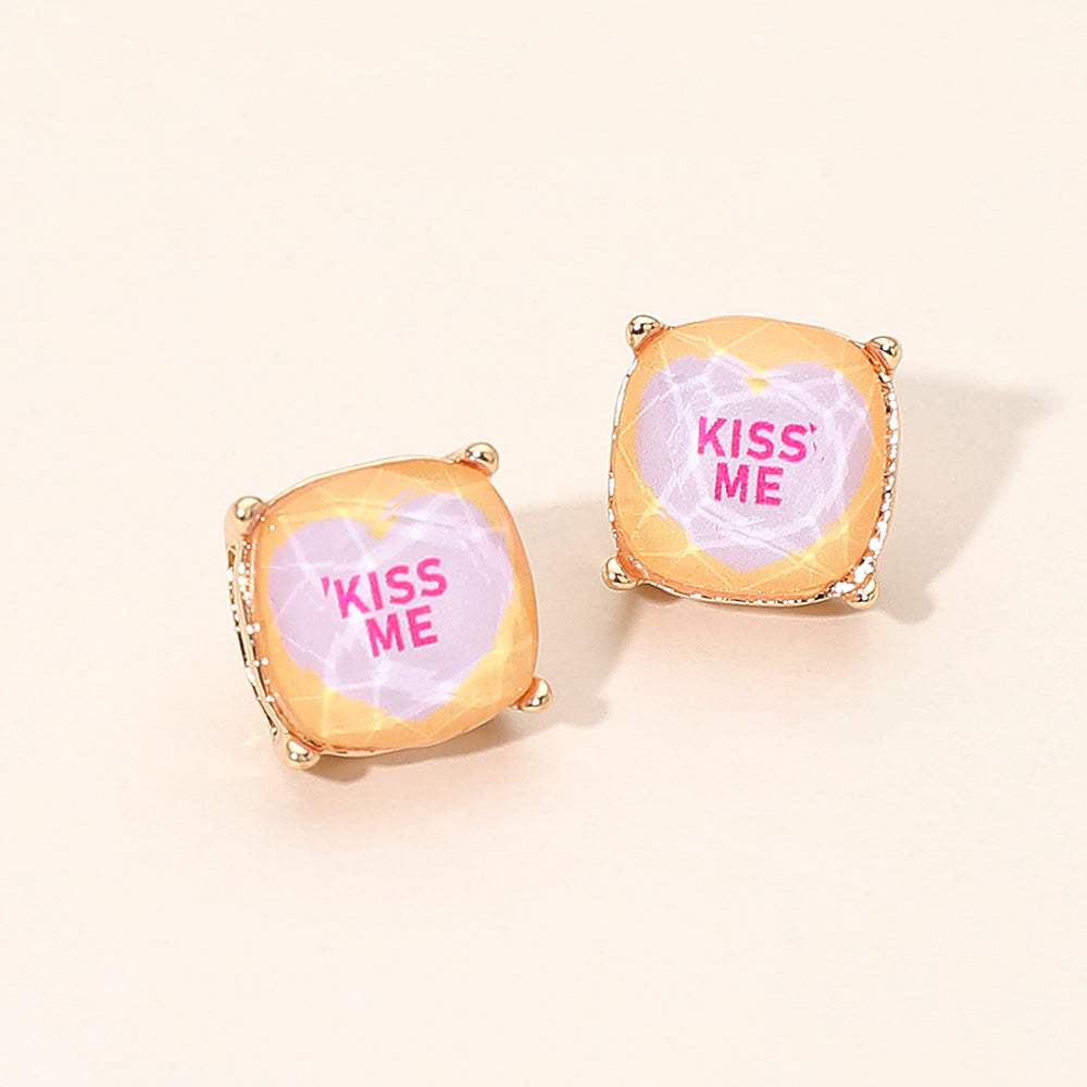 KISS ME Message Heart Square Cushion Stud Earrings - Madeline Love - Flyclothing LLC