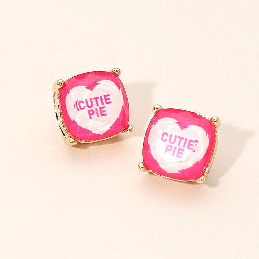 CUTIE PIE Message Heart Square Cushion Stud Earrings - Madeline Love - Flyclothing LLC