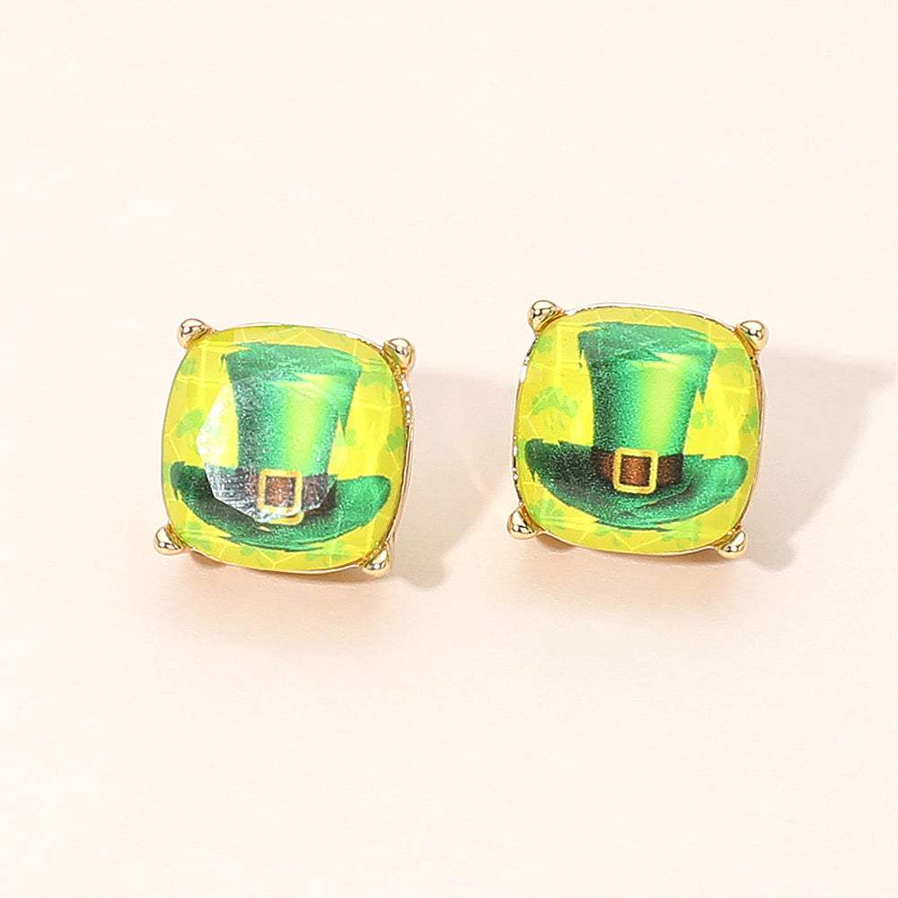 St Patricks Leprechaun Hat Square Cushion Stud Earrings - Madeline Love - Flyclothing LLC