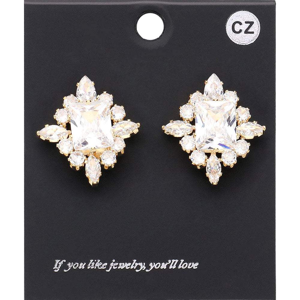 CZ Rectangle Stone Cluster Pointed Evening Stud Earrings - Madeline Love - Flyclothing LLC
