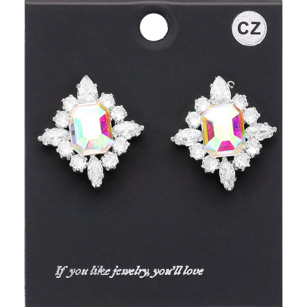 CZ Rectangle Stone Cluster Pointed Evening Stud Earrings - Madeline Love - Flyclothing LLC