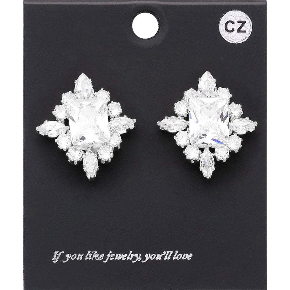 CZ Rectangle Stone Cluster Pointed Evening Stud Earrings - Madeline Love - Flyclothing LLC