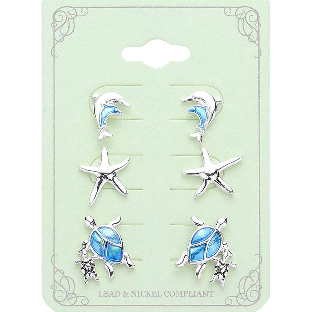 3PAIRS - Dolphin Starfish Sea Turtle Stud Earrings Set - Madeline Love - Flyclothing LLC