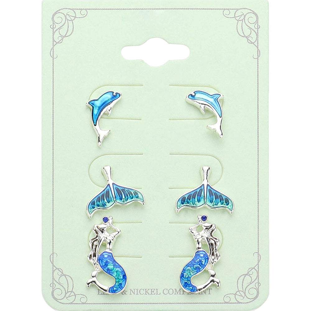3PAIRS - Dolphin Whale Tai Mermaid Stud Earrings Set - Madeline Love - Flyclothing LLC