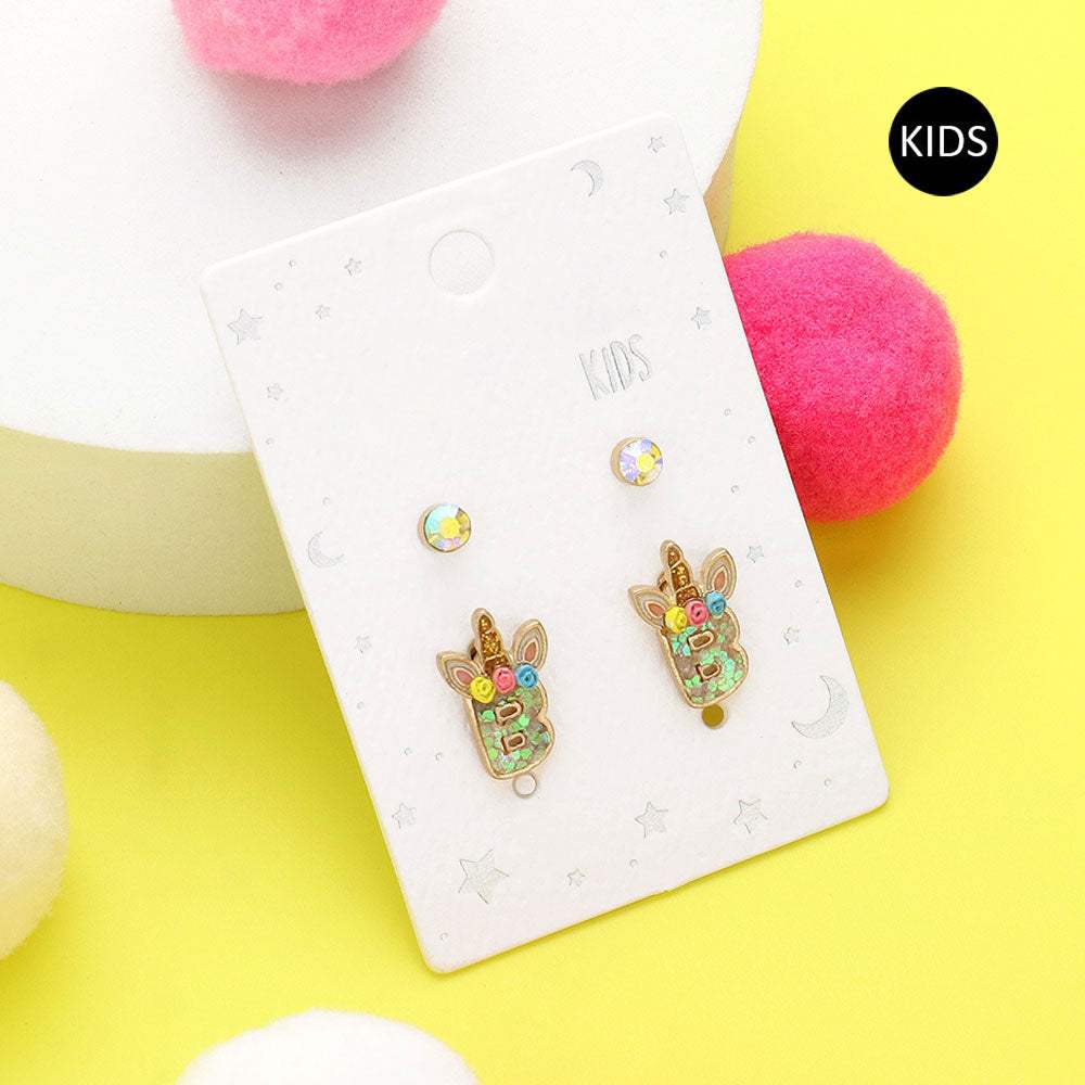 2Pairs - B Round Stone Unicorn Initial Monogram Stud Kids Earrings - Madeline Love - Flyclothing LLC