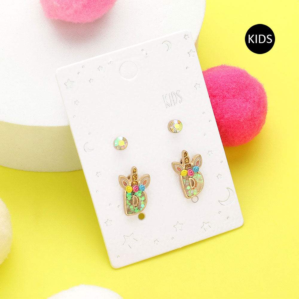 2Pairs - D Round Stone Unicorn Initial Monogram Stud Kids Earrings - Madeline Love - Flyclothing LLC
