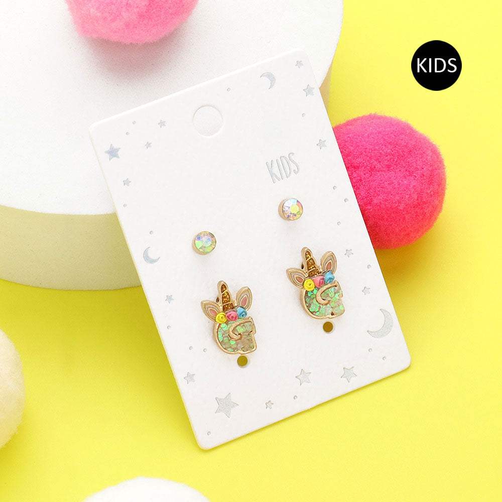 2Pairs - G Round Stone Unicorn Initial Monogram Stud Kids Earrings - Madeline Love - Flyclothing LLC