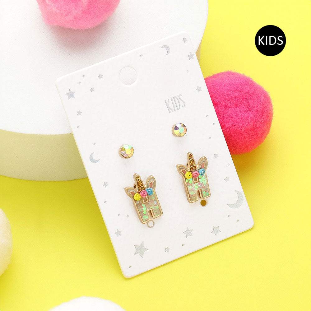 2Pairs - H Round Stone Unicorn Initial Monogram Stud Kids Earrings - Madeline Love - Flyclothing LLC