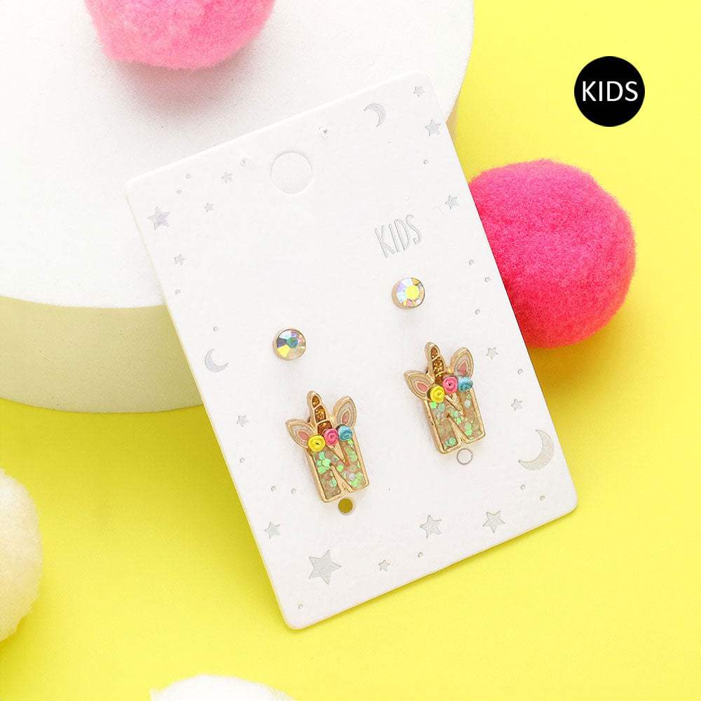 2Pairs - N Round Stone Unicorn Initial Monogram Stud Kids Earrings - Madeline Love - Flyclothing LLC
