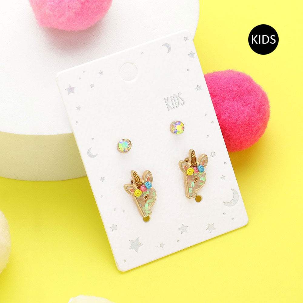 2Pairs - P Round Stone Unicorn Initial Monogram Stud Kids Earrings - Madeline Love - Flyclothing LLC